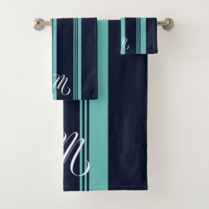 Personalised Cute Cursive Blue Vertical Stripes Bath Towel Set