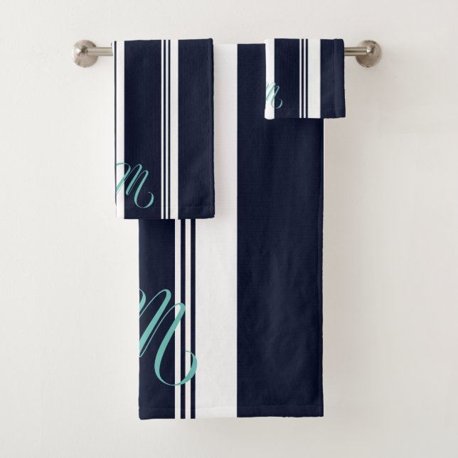 Personalised Cute Cursive Navy Vertical Stripes Bath Towel Set (Insitu)