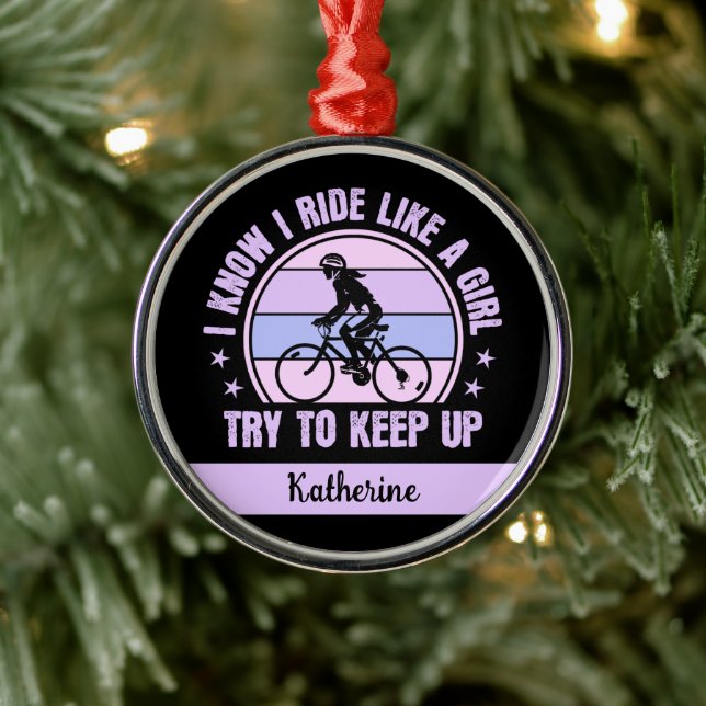 Personalised Cute Cycling Girl Bicycle Funny Metal Ornament (Tree)
