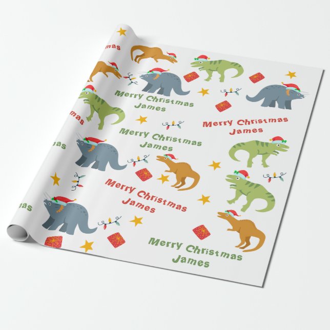 Personalised Cute Dinosaur Santa Merry Christmas Wrapping Paper (Unrolled)
