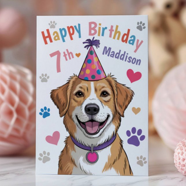 Personalised Cute Dog 7th Birthday Card for Kids (Creator Uploaded)