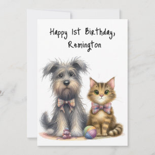 Personalised Cute Dog and Cat Happy 1st Birthday  Card