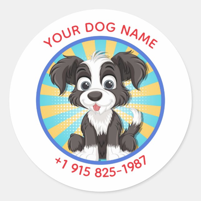 Personalised Cute Dog Design Custom Pet Name&Phone Classic Round Sticker (Front)