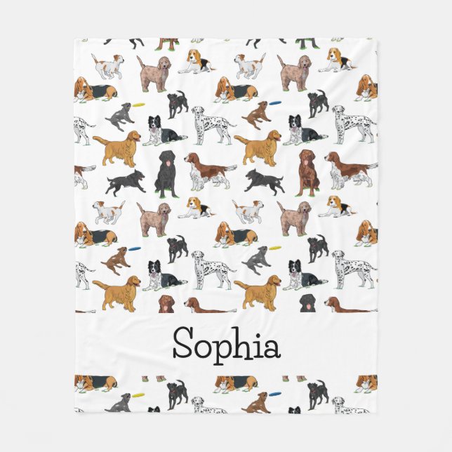 Personalised Cute Dogs Illustrations Pattern Fleece Blanket (Front)