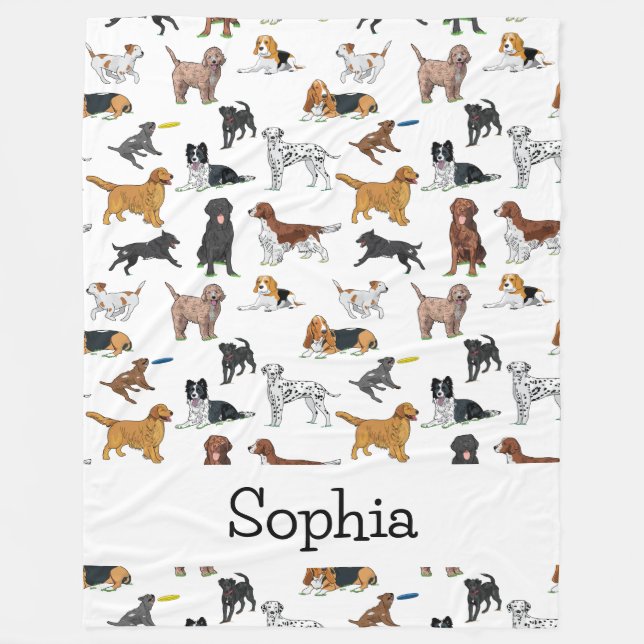 Personalised Cute Dogs Illustrations Pattern Fleece Blanket (Front)
