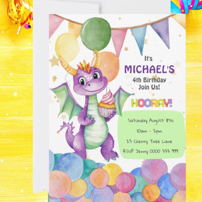 Personalised Cute Dragon Kids Birthday Invitation (Cute Watercolor Dragon Birthday Invitation | Personalized Kids Party)