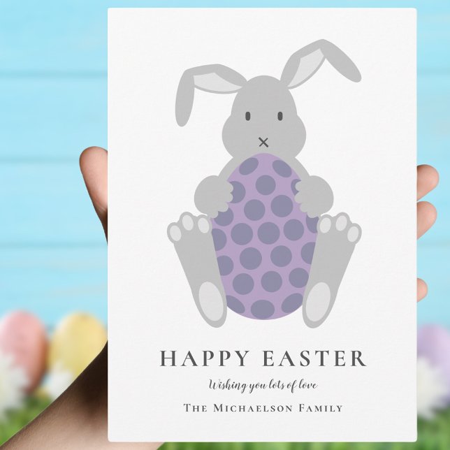 Personalised Cute Easter Bunny & Egg Holiday Card (Happy Easter cute bunny and spotty Easter egg simple family Easter greetings card)