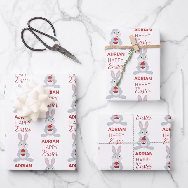 Personalised Cute Easter Rabbit Red Easter Egg Wrapping Paper Sheet (Front)