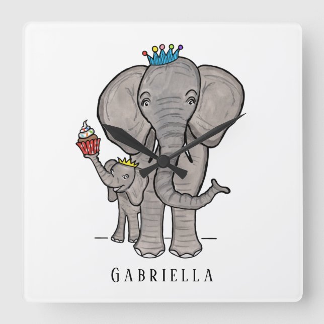 Personalised Cute Elephant and Baby Square Wall Clock (Front)