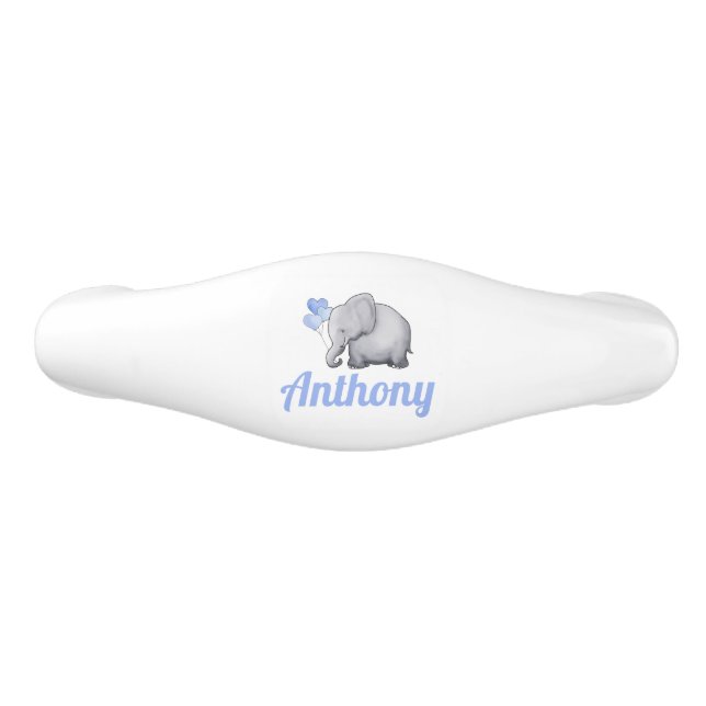 Personalised Cute Elephant Baby Boy Blue Nursery Ceramic Drawer Pull (Front)