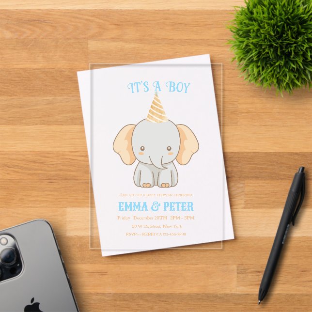 Personalised Cute Elephant Baby Shower Acrylic Invitations (Insitu (Invitation Card))