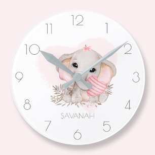 Personalised cute elephant girl pink round clock