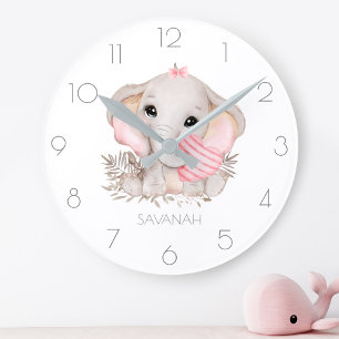 Personalised cute elephant girl pink round clock