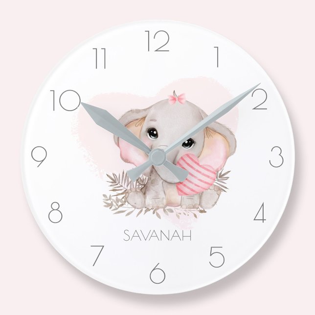 Personalised cute elephant girl pink round clock (Personalized cute elephant girl pink round clock)