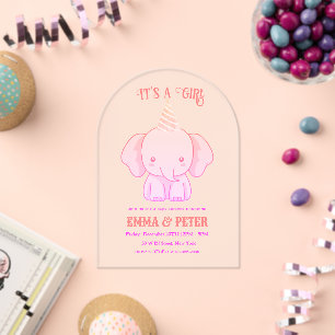 Personalised Cute Elephant Pink Baby Shower Acrylic Invitations