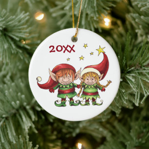 Personalised Cute Elf Couple Holiday Christmas Ceramic Ornament