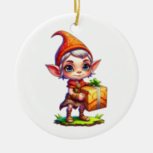 Personalised Cute  Elf Holding a Gift Christmas Ceramic Ornament