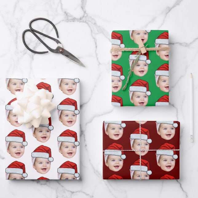 Personalised Cute Face Photo Santa Hat Christmas Wrapping Paper Sheet (Front)