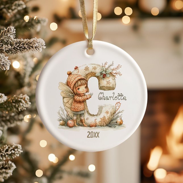 Personalised Cute Fairy Christmas Initial Keepsake Ceramic Ornament (Creator Uploaded)