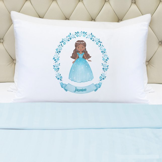 Personalised Cute Fairytale Princess Girl  Pillowcase (A cute girls blue princess pillowcase. Personalize it with your girls name. So cute for her bed.)