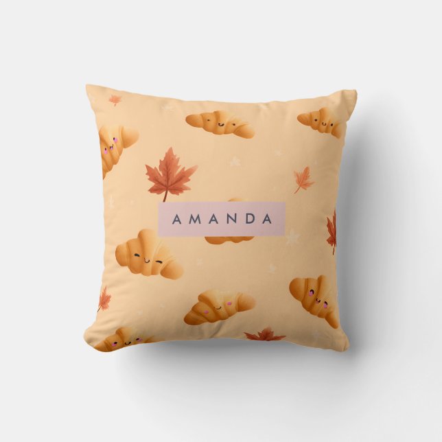 Personalised Cute Fall Croissant Café Leaves Cushion (Front)