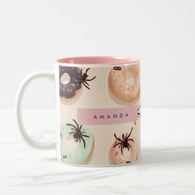 Personalised Cute Fall Halloween Doughnut Spider Two-Tone Coffee Mug (Left)