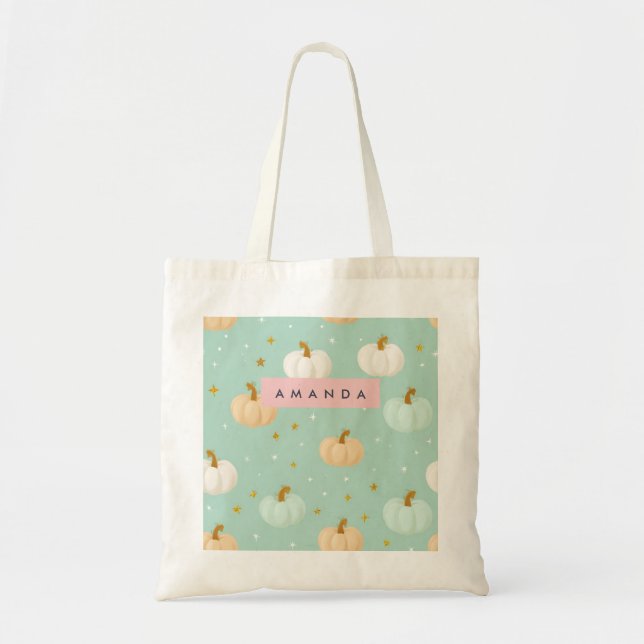 Personalised Cute Fall Mint Green Pastel Pumpkin Tote Bag (Front)