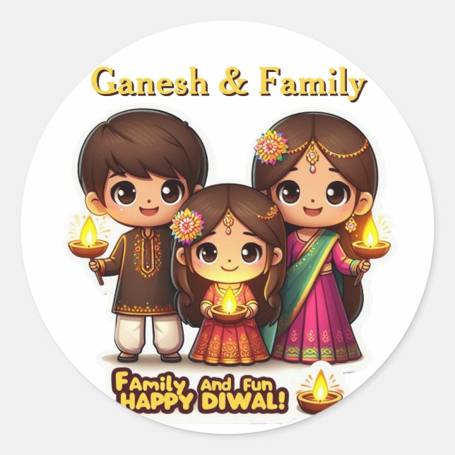 Personalised Cute Family in Diwali Attire   Classic Round Sticker (Front)