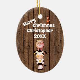 Personalised Cute Farm Animals Barn Wood Christmas Ceramic Ornament