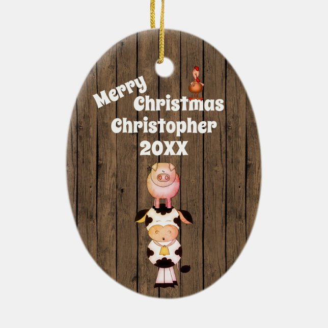 Personalised Cute Farm Animals Barn Wood Christmas Ceramic Ornament (Back)