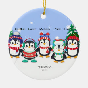 Personalised Cute Five Penguin Snow Scene Ceramic Ornament