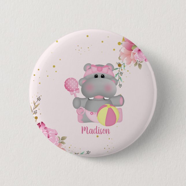 Personalised Cute Floral Hippo Baby Shower Button (Front)