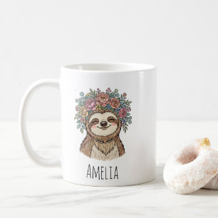 Personalised Cute Floral Sloth with Flower Crown   Coffee Mug