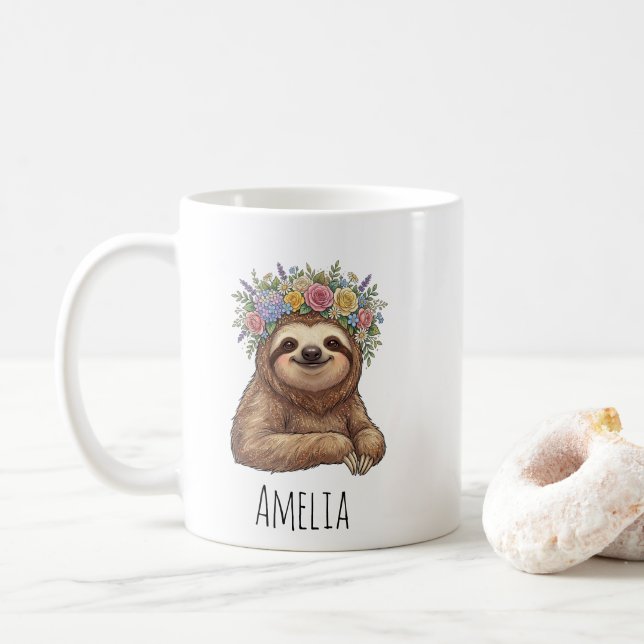 Personalised Cute Floral Sloth with Flower Crown   Coffee Mug (With Donut)