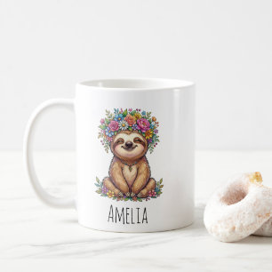 Personalised Cute Floral Sloth with Flower Crown   Coffee Mug