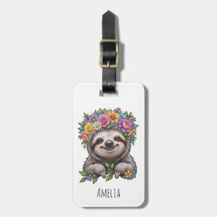 Personalised Cute Floral Sloth with Flower Crown   Luggage Tag