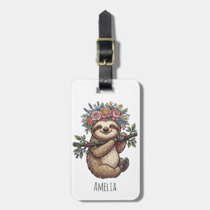 Personalised Cute Floral Sloth with Flower Crown   Luggage Tag