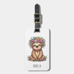 Personalised Cute Floral Sloth with Flower Crown   Luggage Tag