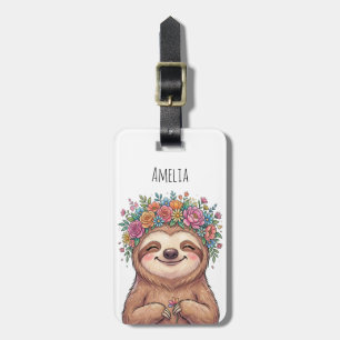 Personalised Cute Floral Sloth with Flower Crown   Luggage Tag