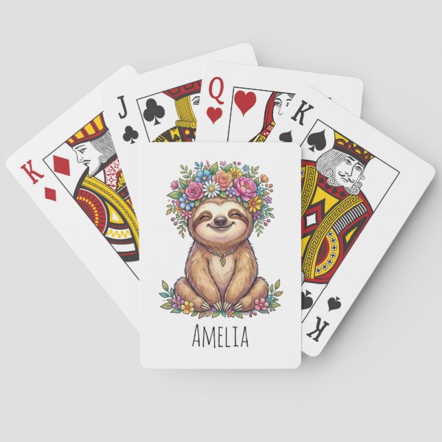 Personalised Cute Floral Sloth with Flower Crown   Playing Cards (Back)
