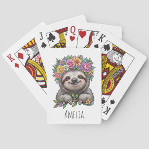 Personalised Cute Floral Sloth with Flower Crown   Playing Cards