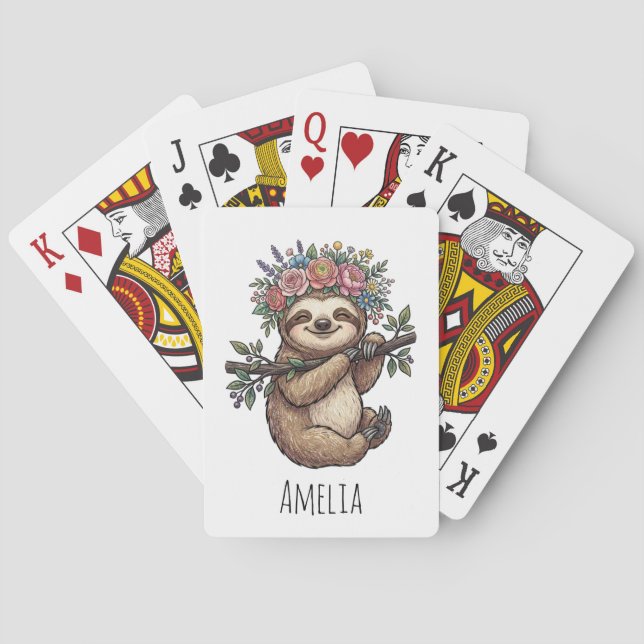 Personalised Cute Floral Sloth with Flower Crown   Playing Cards (Back)