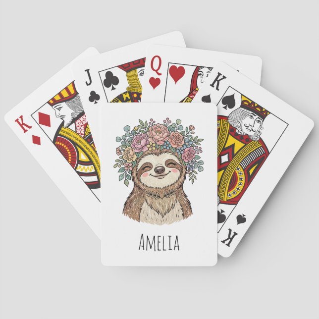 Personalised Cute Floral Sloth with Flower Crown   Playing Cards (Back)