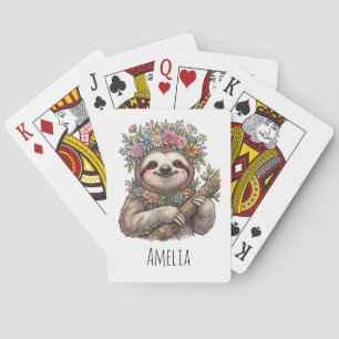 Personalised Cute Floral Sloth with Flower Crown   Playing Cards