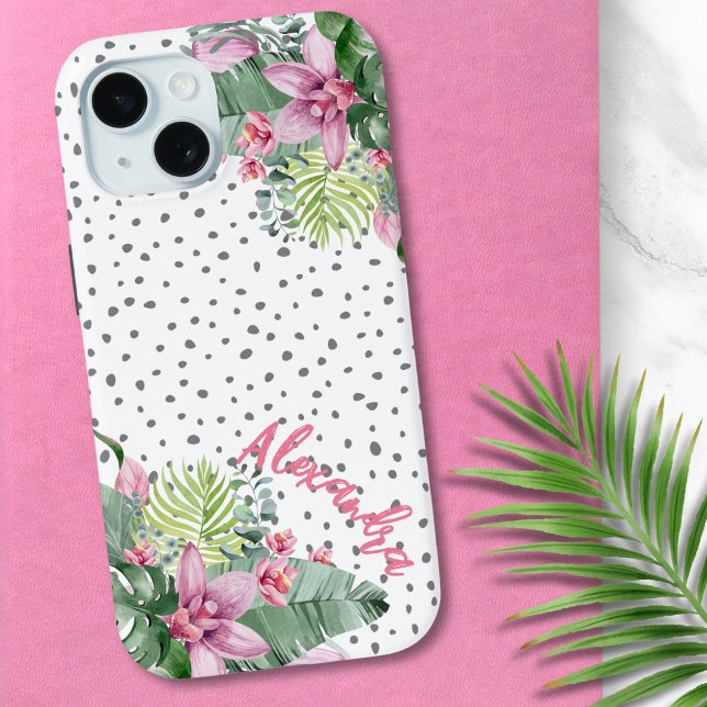 Personalised Cute Floral Tropical Name Case-Mate iPhone Case (Cute Trendy Watercolor Leaves Floral Tropical Case-Mate iPhone Case)