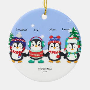 Personalised Cute  Four Penguin  Snow Scene  Ceram Ceramic Ornament