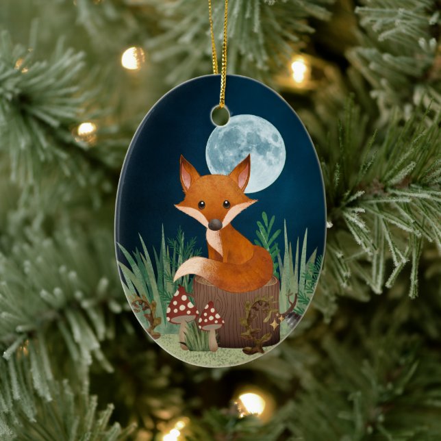 Personalised Cute Fox and Full Moon Christmas Ceramic Ornament (Tree)