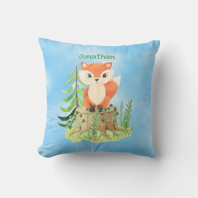 Personalised Cute Fox on a Stump Cushion (Front)