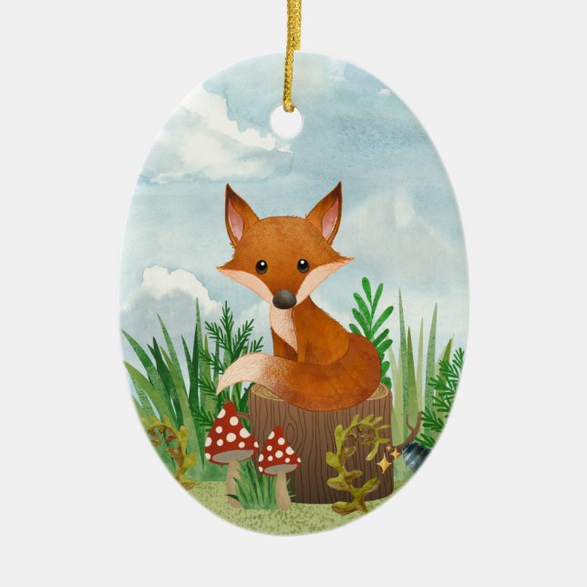 Personalised Cute Fox on Tree Stump Christmas Ceramic Ornament (Front)