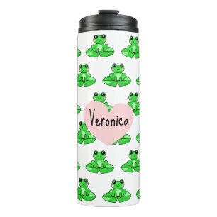 Personalised Cute Frog   Name in Heart Thermal Tumbler